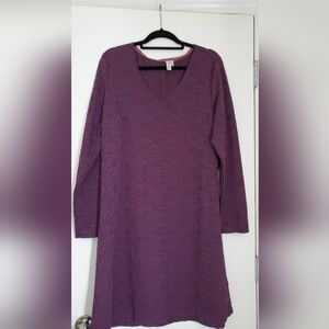 Sahalie Long Sleeve Deep Purple Etched Floral V-Neck Dress, XL, 14-16